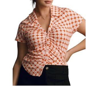 Anthropologie Ruched Button Front Blouse Orange White Print Size M Spring Summer